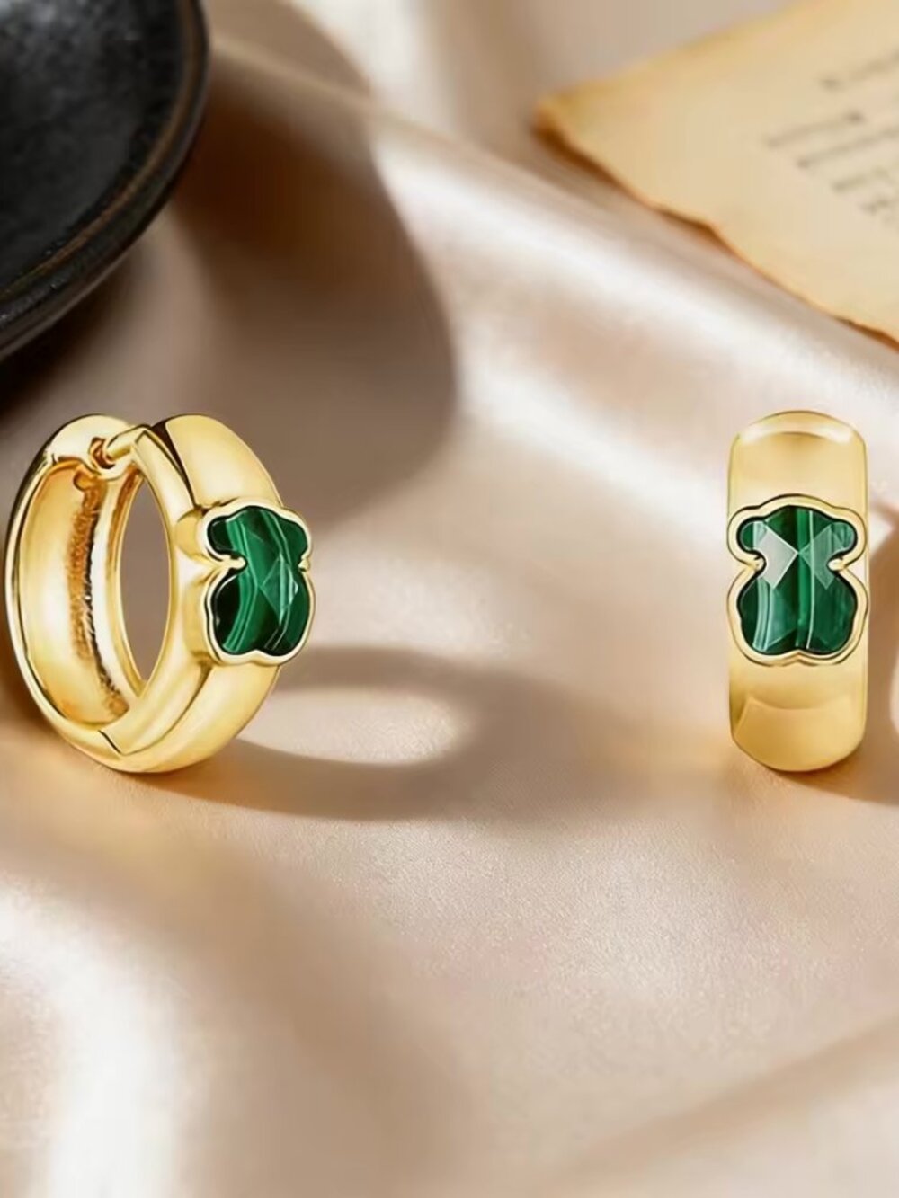 🚢 TOUS S925 Gold Overly Green Malachite Bear Mini Hoops Hinge Earrings